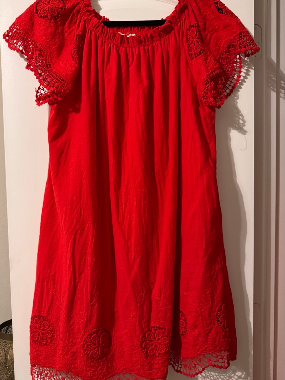 Indigo Red Embroidered Lace-Sleeve Casual Dress